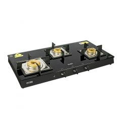 Glen 1038 SQ BL 3 Burner Glass Cooktop Forged Brass Burners Auto Ignition (Black )